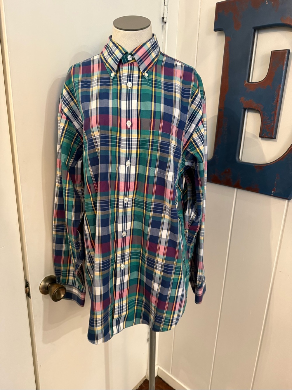 Brooks Brothers Multicolor Plaid Button-Down Shirt Sz M Green and Blue